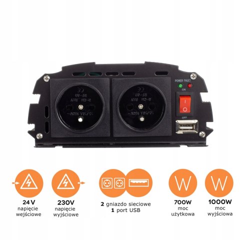 Przetwornica 24V 230V samochodowa napięcia 1000W