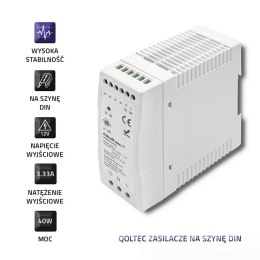 Qoltec Zasilacz na szynę DIN | 40W | 12V | 3.33A | Szary | Slim