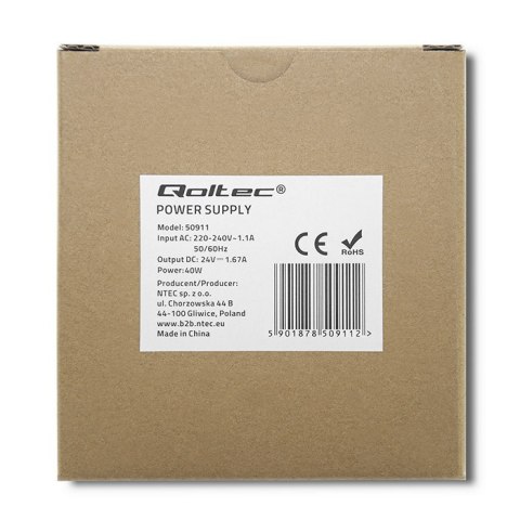 Qoltec Zasilacz na szynę DIN | 40W | 24V | 1.67A | Szary | Slim