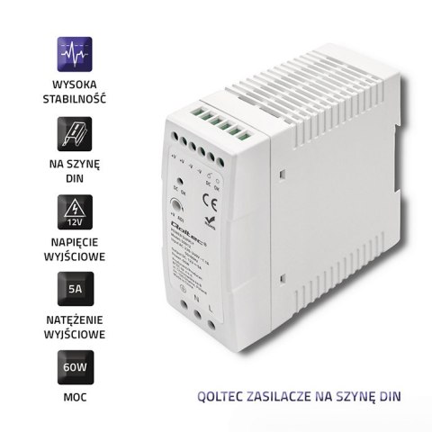Qoltec Zasilacz na szynę DIN | 60W | 12V | 5A | Szary | Slim