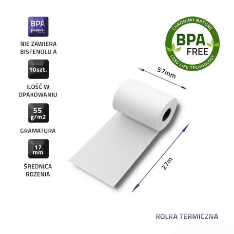 Qoltec Rolka termiczna 57 x 7 | 55g/m2 | 10szt. | BPA free