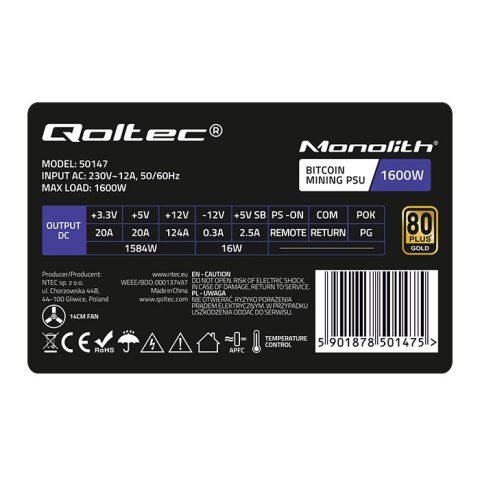Qoltec Zasilacz ATX 1600W | 80 Plus Gold | Gaming Miner Qoltec Zasilacz ATX 1600W | 80 Plus Gold | Gaming Miner