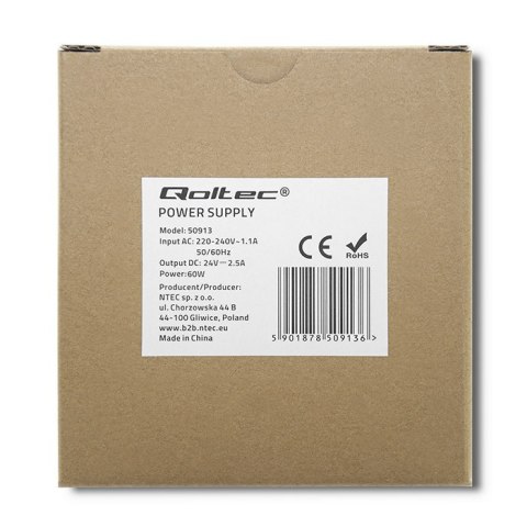 Qoltec Zasilacz na szynę DIN | 60W | 24V | 2.5A | Szary | Slim