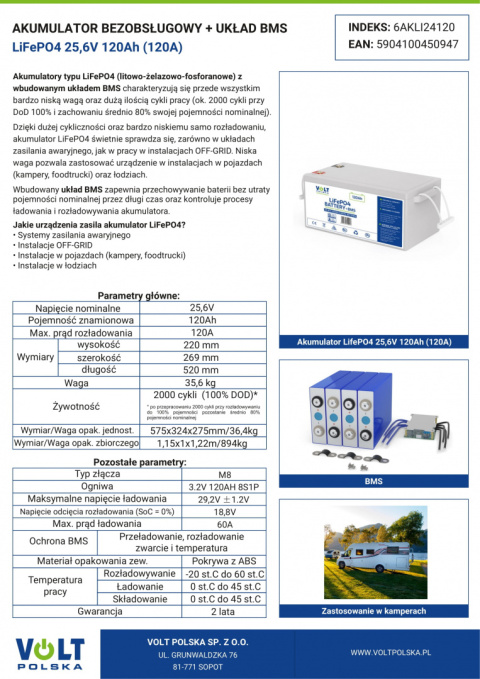 AKUMULATOR LiFePO4 25,6V 120Ah (120A) + BMS BEZOBSŁUGOWY AKUMULATOR LiFePO4 25,6V 120Ah (120A) + BMS BEZOBSŁUGOWY