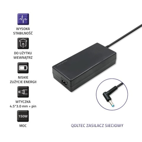 Qoltec Zasilacz do HP 150W | 19.5V | 7.7A | 4.5*3.0+pin | +kabel zasilający Qoltec Zasilacz do HP 150W | 19.5V | 7.7A | 4.5*3.0+pin | +kabel zasilający