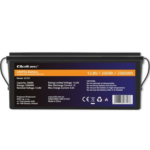 Qoltec Akumulator LiFePO4 | 12.8V | 200Ah | 2560Wh | BMS