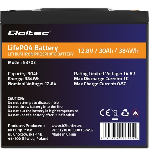 Qoltec Akumulator LiFePO4 Litowo-Żelazowo-Fosforanowy | 12.8V | 30Ah | 384Wh | BMS