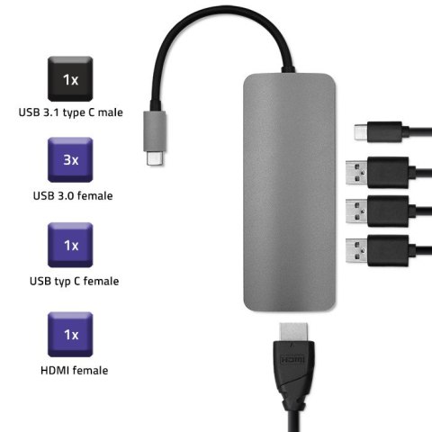 Qoltec Adapter USB 3.1 C męski / 3x USB 3.0 żeńskie | USB typ C żeński |HDMI żeńskie Qoltec Adapter USB 3.1 C męski / 3x USB 3.0 żeńskie | USB typ C żeński |HDMI żeńskie