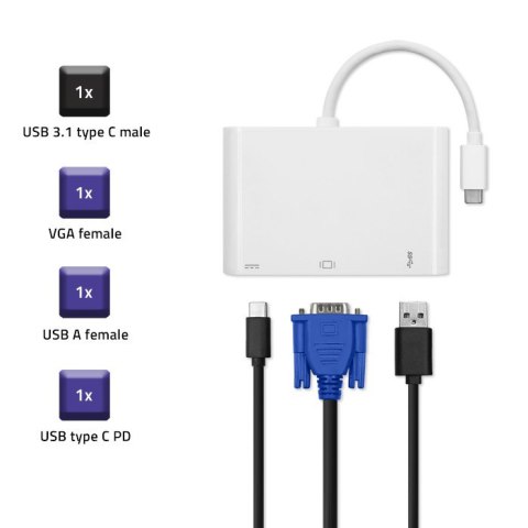 Qoltec Adapter USB 3.1 Typ C męski | VGA żeński + USB 3.0 A żeński + USB 3.1 Typ C żeński PD | 0.19m Qoltec Adapter USB 3.1 Typ C męski | VGA żeński + USB 3.0 A żeński + USB 3.1 Typ C żeński PD | 0.19m