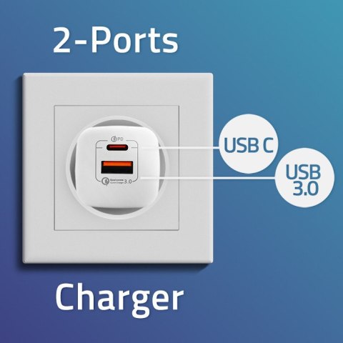 Qoltec Ładowarka sieciowa 35W GaN ULTRA | 5-20V | 2.25-3A | 1xUSB typ C PD | 1x USB | Biała