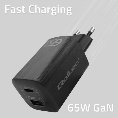 Qoltec Ładowarka sieciowa 65W GaN ULTRA | 5-20V | 2.25-3.25A | 1xUSB typ C PD | 1x USB | Czarna