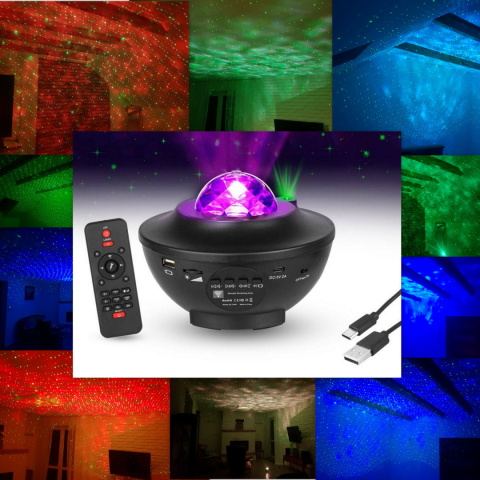 PROJEKTOR LED RGB BLUETOOTH Z WBUDOWANYM GŁOŚNIKIEM I SENSOREM DŹWIĘKU STEROWANY PILOTEM