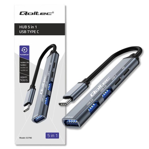 Qoltec Hub Adapter USB-C 3.1 5w1 | USB-C PD| USB-C | 2x USB 2.0 | USB 3.0