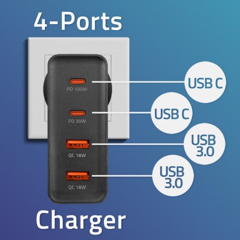 Qoltec Ładowarka GaN POWER PRO | 2xUSB-C | 2xUSB | 130W | 5-20V | 1.5-3.25A | PD | Czarna