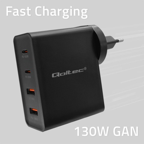 Qoltec Ładowarka GaN POWER PRO | 2xUSB-C | 2xUSB | 130W | 5-20V | 1.5-3.25A | PD | Czarna