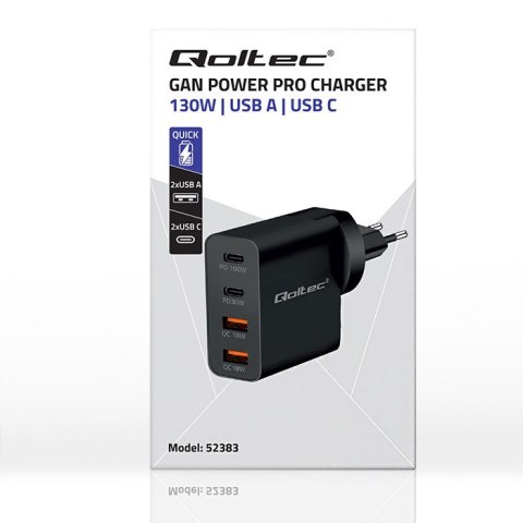 Qoltec Ładowarka GaN POWER PRO | 2xUSB-C | 2xUSB | 130W | 5-20V | 1.5-3.25A | PD | Czarna