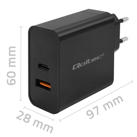 Qoltec Ładowarka Super Quick PD | 65W | 5-20V | 1.5-3.25A | 1xUSB typ C | 1xUSB A | Czarna