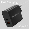 Qoltec Ładowarka Super Quick PD | 90W | 5-20V | 2.4-4.35A | 1xUSB typ C | 1xUSB A | Czarna