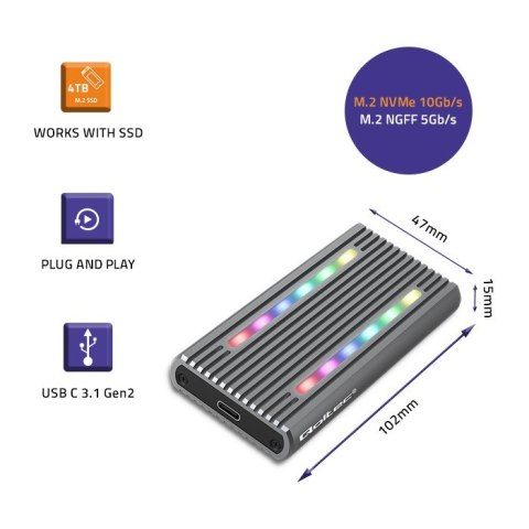 Qoltec Obudowa | kieszeń na dysk M.2 SSD SATA | NVME | RGB LED | USB-C