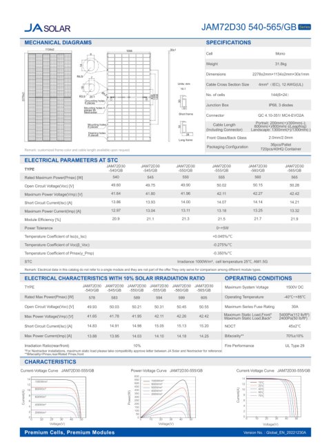Panel 550W JA Solar JAM72D30 550GB (SFR) QC4, 1300mm (BiFacial)