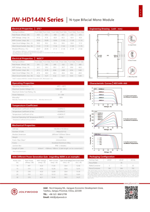 Panel fotowoltaiczny 470W Jolywood JW-HD144N-470W Bifacial