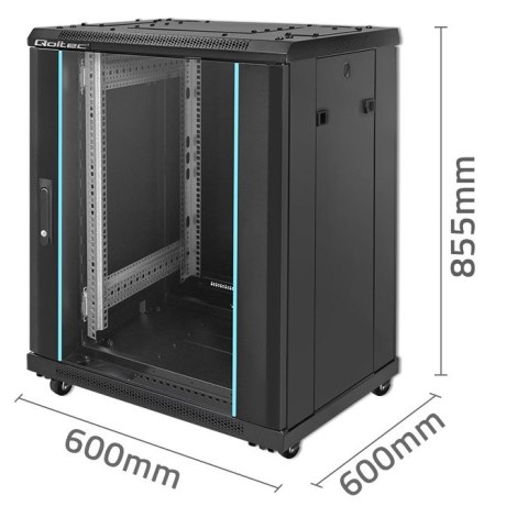 Qoltec Szafa RACK 19" | 15U | 600 x 600 x 855 | hartowane drzwi | stojąca | nóżki + kółka | stalowa obudowa | zamek