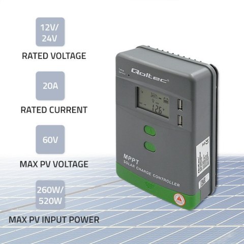 Solarny regulator ładowania MPPT z czujnikiem temp. 20A 12V/24VLCD 2xUSB Solarny regulator ładowania MPPT z czujnikiem temp. 20A 12V/24VLCD 2xUSB