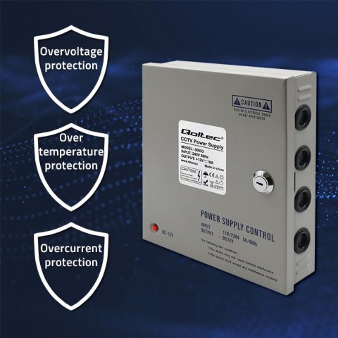 Qoltec Zasilacz impulsowy 12VDC | 10A | 9 kanałów Qoltec Zasilacz impulsowy 12VDC | 10A | 9 kanałów