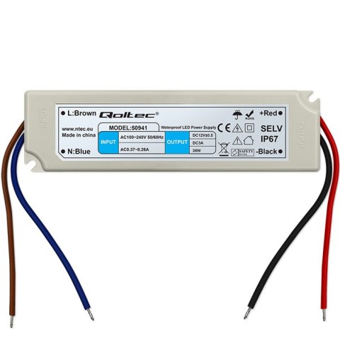 Qoltec Zasilacz impulsowy LED IP67 | 36W | 12V | 3A | Wodoodporny Qoltec Zasilacz impulsowy LED IP67 | 36W | 12V | 3A | Wodoodporny