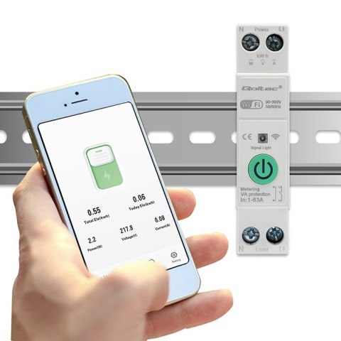 Qoltec Przekaźnik 63A na szynę DIN z licznikiem energii elektrycznej | TUYA | Wi-Fi | SMART LIFE
