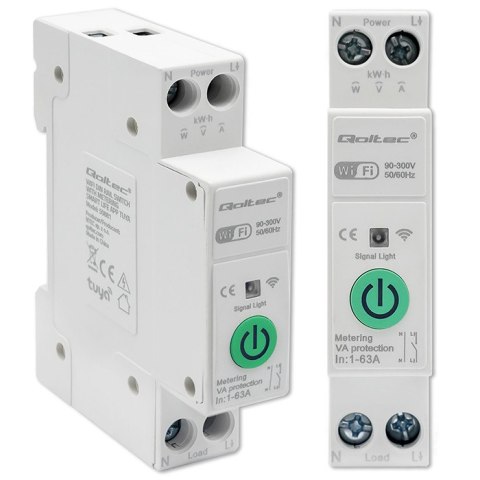 Qoltec Przekaźnik 63A na szynę DIN z licznikiem energii elektrycznej | TUYA | Wi-Fi | SMART LIFE