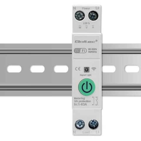 Qoltec Przekaźnik 63A na szynę DIN z licznikiem energii elektrycznej | TUYA | Wi-Fi | SMART LIFE