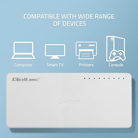 Qoltec SWITCH Przełącznik sieciowy 8 x port RJ45 | 100Mbps | Fast Ethernet | LAN