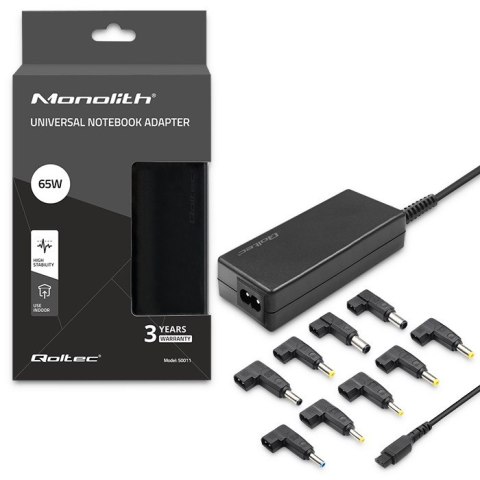 Qoltec Uniwersalny automatyczny zasilacz sieciowy 65W | 8 wtyczek | +kabel zasilający Qoltec Uniwersalny automatyczny zasilacz sieciowy 65W | 8 wtyczek | +kabel zasilający