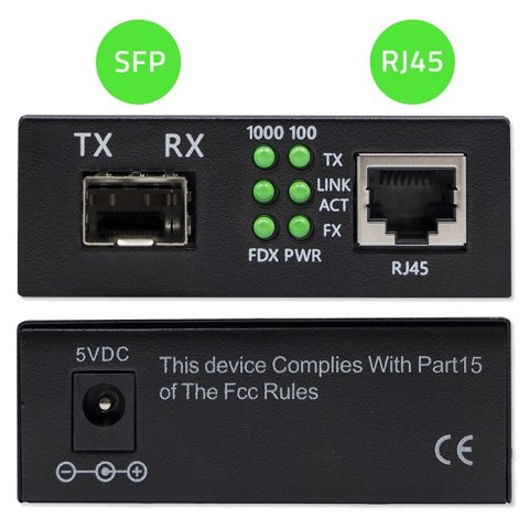 Qoltec Dwukierunkowy Media Konwerter SWITCH Ethernet 1x RJ45 1x SFP| 1000Mb/s | 5V