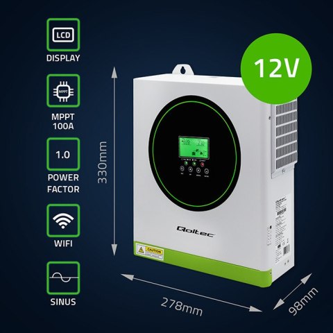 Qoltec Hybrydowy inwerter solarny Off-Grid 1500W | 100A | 12V | MPPT | Sinus | Opcja Wi-Fi | Power Factor 1.0 Qoltec Hybrydowy inwerter solarny Off-Grid 1500W | 100A | 12V | MPPT | Sinus | Opcja Wi-Fi | Power Factor 1.0