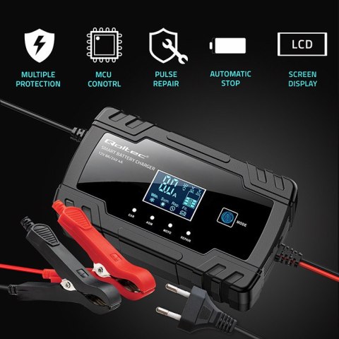 Qoltec Inteligentna mikroprocesorowa ładowarka 12V 8A | 24V 4A| Prostownik z funkcją naprawy do akumulatora AGM GEL | LCD Qoltec Inteligentna mikroprocesorowa ładowarka 12V 8A | 24V 4A| Prostownik z funkcją naprawy do akumulatora AGM GEL | LCD
