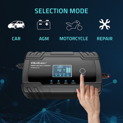 Qoltec Inteligentna mikroprocesorowa ładowarka 12V 8A | 24V 4A| Prostownik z funkcją naprawy do akumulatora AGM GEL | LCD Qoltec Inteligentna mikroprocesorowa ładowarka 12V 8A | 24V 4A| Prostownik z funkcją naprawy do akumulatora AGM GEL | LCD