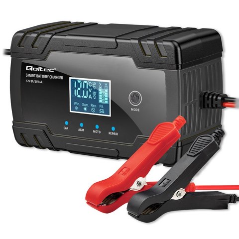 Qoltec Inteligentna mikroprocesorowa ładowarka 12V 8A | 24V 4A| Prostownik z funkcją naprawy do akumulatora AGM GEL | LCD Qoltec Inteligentna mikroprocesorowa ładowarka 12V 8A | 24V 4A| Prostownik z funkcją naprawy do akumulatora AGM GEL | LCD