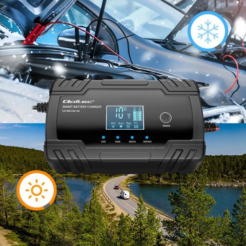 Qoltec Inteligentna mikroprocesorowa ładowarka 12V 8A | 24V 4A| Prostownik z funkcją naprawy do akumulatora AGM GEL | LCD Qoltec Inteligentna mikroprocesorowa ładowarka 12V 8A | 24V 4A| Prostownik z funkcją naprawy do akumulatora AGM GEL | LCD