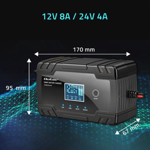 Qoltec Inteligentna mikroprocesorowa ładowarka 12V 8A | 24V 4A| Prostownik z funkcją naprawy do akumulatora AGM GEL | LCD Qoltec Inteligentna mikroprocesorowa ładowarka 12V 8A | 24V 4A| Prostownik z funkcją naprawy do akumulatora AGM GEL | LCD