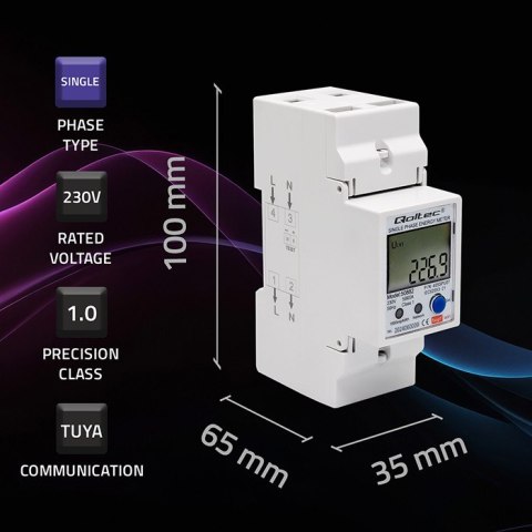 Qoltec Jednofazowy elektroniczny licznik | miernik zużycia energii na szynę DIN | Wi-fi | TUYA | 230V | LCD