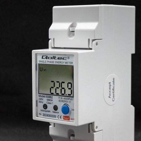Qoltec Jednofazowy elektroniczny licznik | miernik zużycia energii na szynę DIN | Wi-fi | TUYA | 230V | LCD