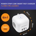 Qoltec Kostka zasilająca przedłużacz 6w1 z podświetlanym włącznikiem | 3x AC | 2x USB | 1x USB-C PD 20W | Biała | Kabel 2m