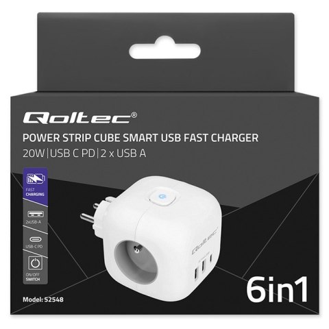 Qoltec Kostka zasilająca przedłużacz 6w1 z podświetlanym włącznikiem | 3x AC | 2x USB | 1x USB-C PD 20W | Biała