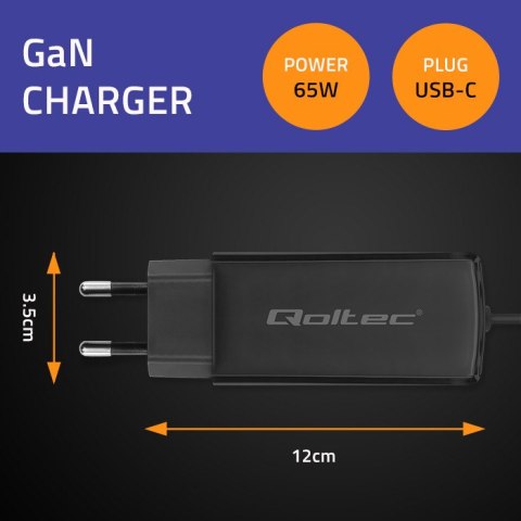 Qoltec Ładowarka sieciowa 65W GaN Super Fast | 5-20V | 3-3.25A | USB 3.1| Laptop | Smartfon | Tablet