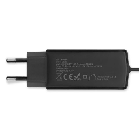 Qoltec Ładowarka sieciowa 90W GaN Super Fast | 5-20V | 3-4.5A | USB-C 3.1 | Laptop | MacBook | Smartfon