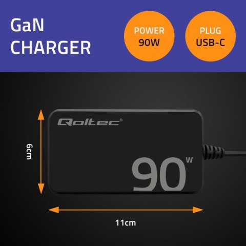 Qoltec Ładowarka sieciowa 90W GaN Super Fast SLIM | PD | 5-20V | 4.5A | USB-C 3.1 | Laptop | MacBook | Smartfon | + kabel