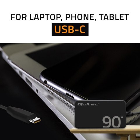 Qoltec Ładowarka sieciowa 90W GaN Super Fast SLIM | PD | 5-20V | 4.5A | USB-C 3.1 | Laptop | MacBook | Smartfon | + kabel