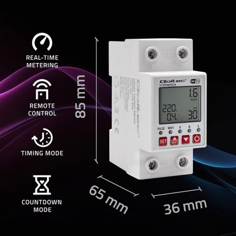 Qoltec Przekaźnik 63A na szynę DIN z licznikiem energii elektrycznej | Timer | Tuya | Wi-Fi | LED